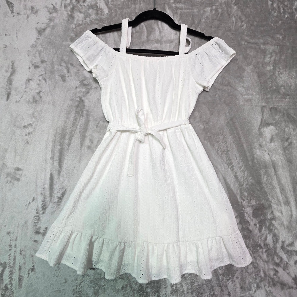 Childrens Place Girls White Eyelet Off Shoulder Dress Size 7/8 M Summer Ruffle